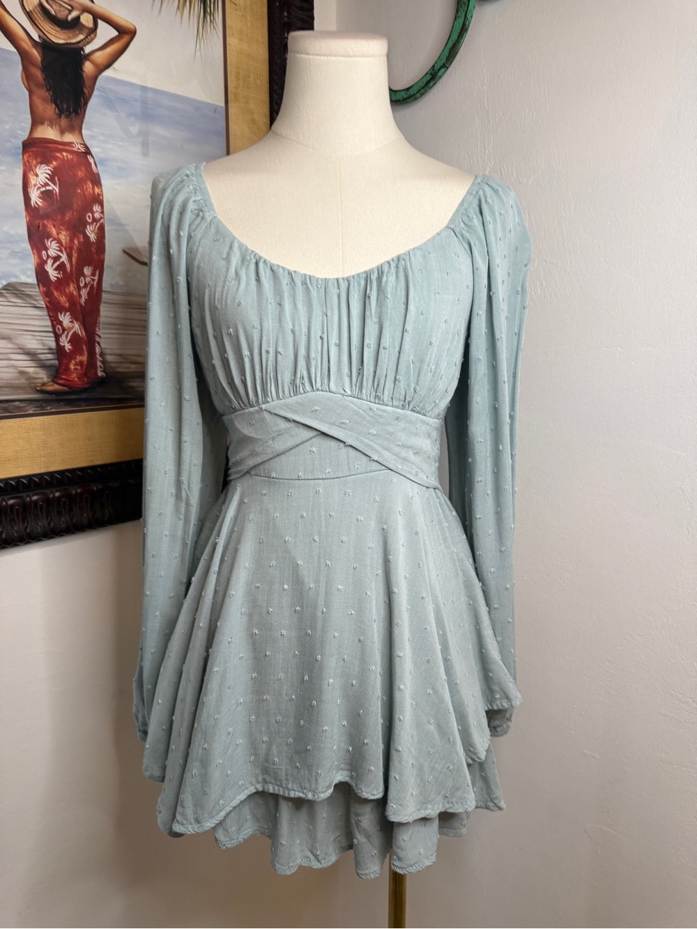 Altar'd State Light Blue Long-Sleeve Swiss Dot Romper